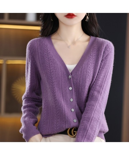 New Spring Autumn Pure Wool Cardigan Women's V-neck Merino Wool Knitted Jacket 2023 Korean Westernized Pure Color Versatile T...