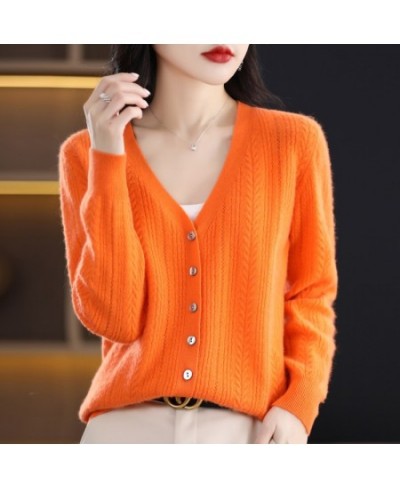 New Spring Autumn Pure Wool Cardigan Women's V-neck Merino Wool Knitted Jacket 2023 Korean Westernized Pure Color Versatile T...