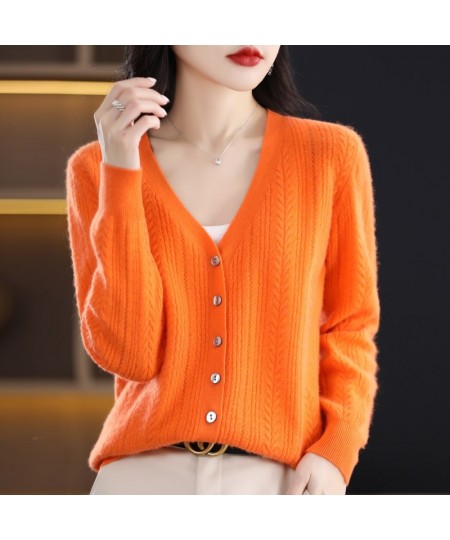 New Spring Autumn Pure Wool Cardigan Women's V-neck Merino Wool Knitted Jacket 2023 Korean Westernized Pure Color Versatile T...