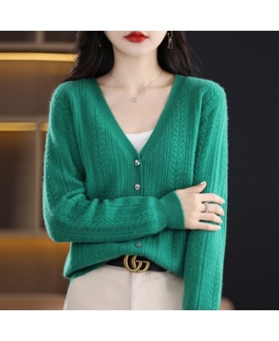 New Spring Autumn Pure Wool Cardigan Women's V-neck Merino Wool Knitted Jacket 2023 Korean Westernized Pure Color Versatile T...