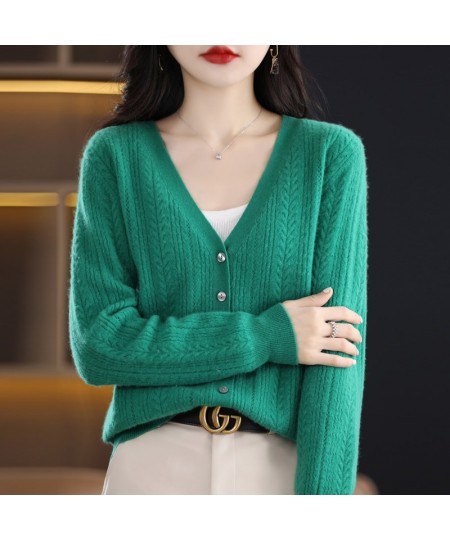 New Spring Autumn Pure Wool Cardigan Women's V-neck Merino Wool Knitted Jacket 2023 Korean Westernized Pure Color Versatile T...