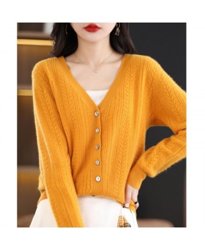 New Spring Autumn Pure Wool Cardigan Women's V-neck Merino Wool Knitted Jacket 2023 Korean Westernized Pure Color Versatile T...