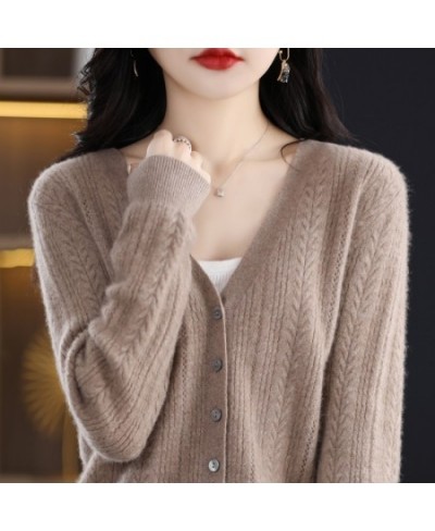 New Spring Autumn Pure Wool Cardigan Women's V-neck Merino Wool Knitted Jacket 2023 Korean Westernized Pure Color Versatile T...