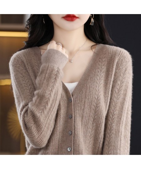 New Spring Autumn Pure Wool Cardigan Women's V-neck Merino Wool Knitted Jacket 2023 Korean Westernized Pure Color Versatile T...