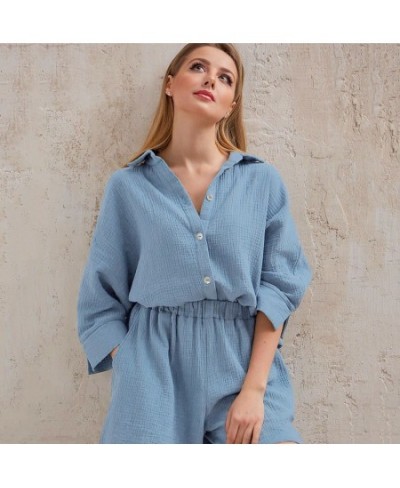 100% Cotton Linen Pajamas Set Women Two Pieces Sleepwear Pajamas Set Fashion Pyjamas Pijamas For Summer Spring $39.92 - Sleep...