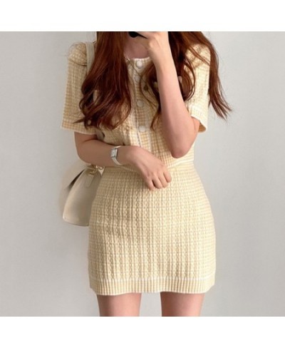 2022 Korean Chic Summer Women's Suit with Skirt Fashion O-Neck Knitted Short Sleeve Top Jacket High Waist Hip Skirt 2-piece S...