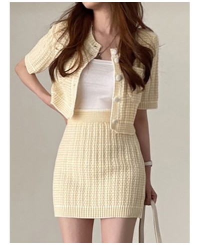 2022 Korean Chic Summer Women's Suit with Skirt Fashion O-Neck Knitted Short Sleeve Top Jacket High Waist Hip Skirt 2-piece S...