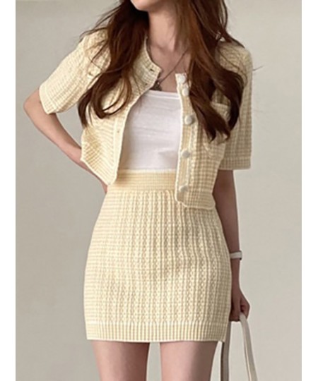 2022 Korean Chic Summer Women's Suit with Skirt Fashion O-Neck Knitted Short Sleeve Top Jacket High Waist Hip Skirt 2-piece S...