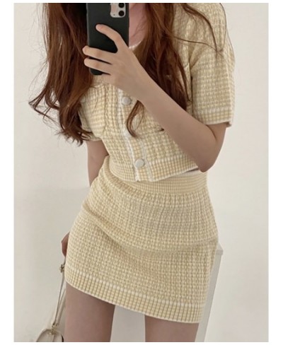 2022 Korean Chic Summer Women's Suit with Skirt Fashion O-Neck Knitted Short Sleeve Top Jacket High Waist Hip Skirt 2-piece S...