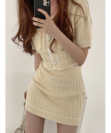 2022 Korean Chic Summer Women's Suit with Skirt Fashion O-Neck Knitted Short Sleeve Top Jacket High Waist Hip Skirt 2-piece S...