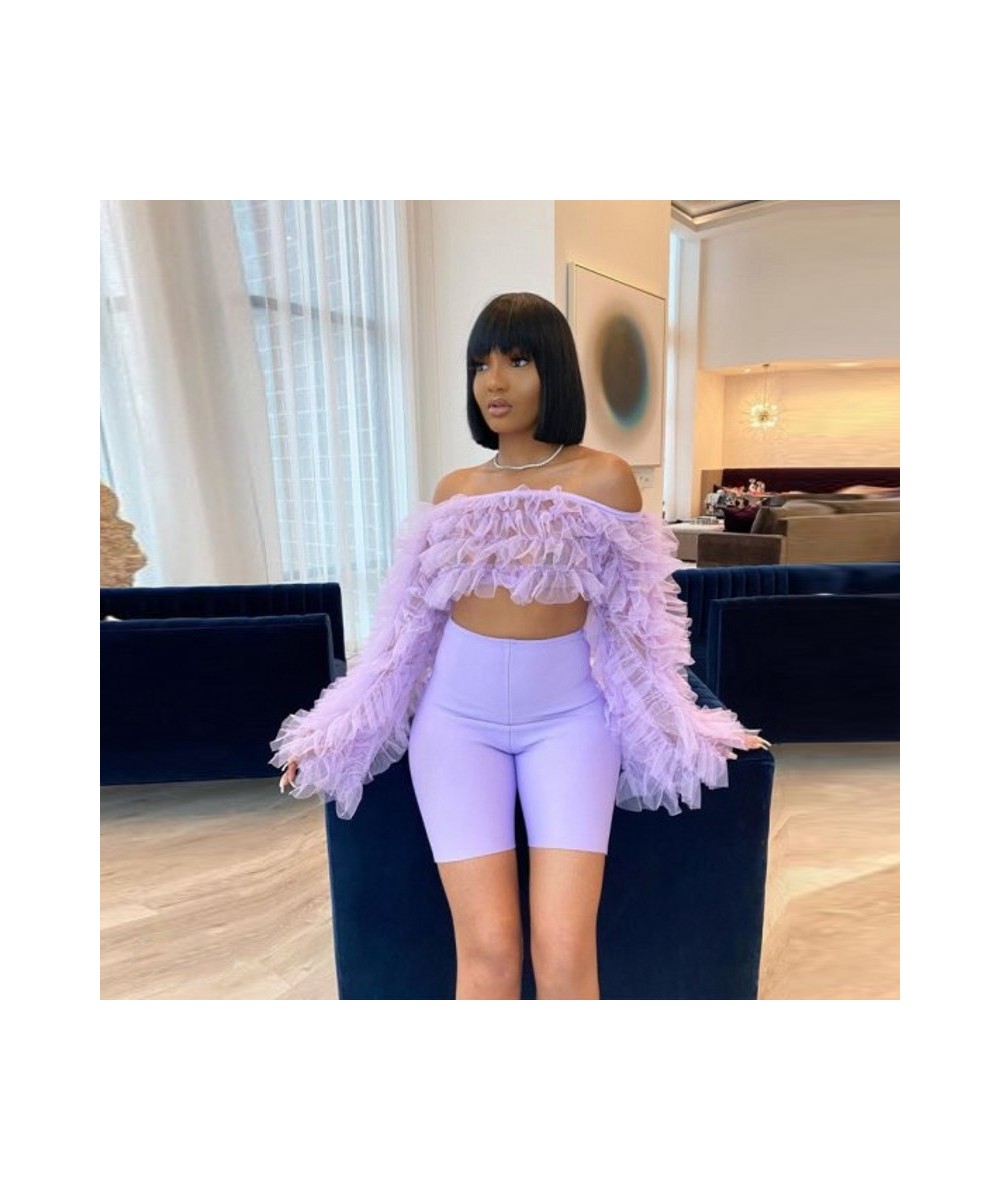 Lavender Tulle Tiered Long Sleeve Tops Shirt Short Blouse Off The Shoulder Blouse Women Top Custom Made Any Color Free $77.42...