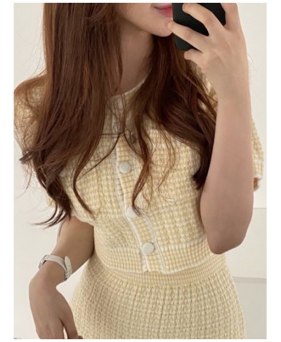 2022 Korean Chic Summer Women's Suit with Skirt Fashion O-Neck Knitted Short Sleeve Top Jacket High Waist Hip Skirt 2-piece S...