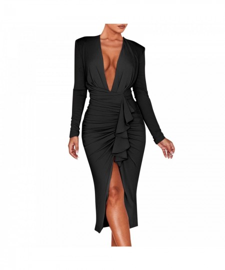 Women Elegant Dress Long Sleeve V Neck Midi Dresses With High Slit Cocktail Wedding Guest Birthday Club Party Long Dresses $3...