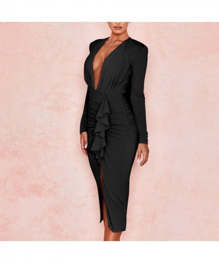 Women Elegant Dress Long Sleeve V Neck Midi Dresses With High Slit Cocktail Wedding Guest Birthday Club Party Long Dresses $3...