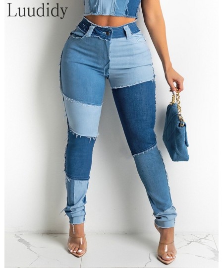 Women Colorblock Tassel Hem Pocket Design Jeans High Waist Skinny Denim Pants $51.29 - Jeans