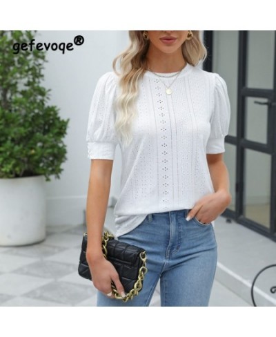 Summer Casual Round Neck Short Sleeve Hollow Out Tee T Shirts Femmes Fashion Slim Solid Sweet Streetwear Top Female $34.75 - ...