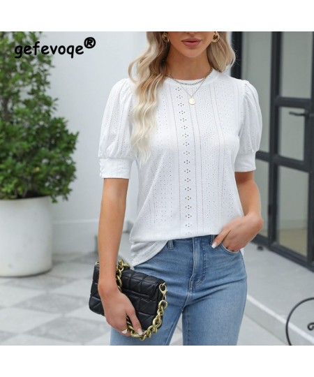 Summer Casual Round Neck Short Sleeve Hollow Out Tee T Shirts Femmes Fashion Slim Solid Sweet Streetwear Top Female $34.75 - ...