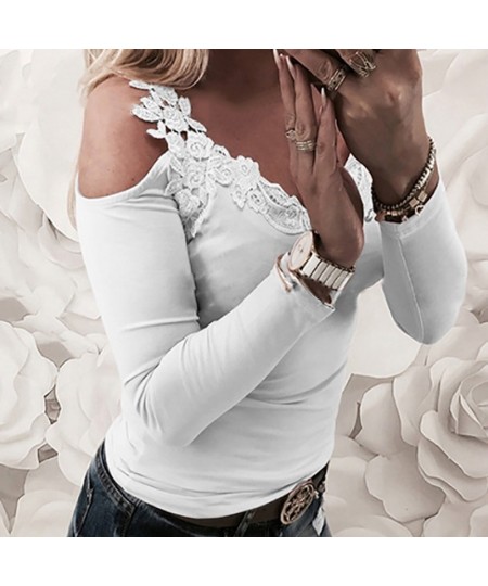 New Top Strap Off Shoulder Lace Stitching Woman Blouse O-neck Sexy Long Sleeves Female Casual Slim Tee Shirts Top $23.81 - To...