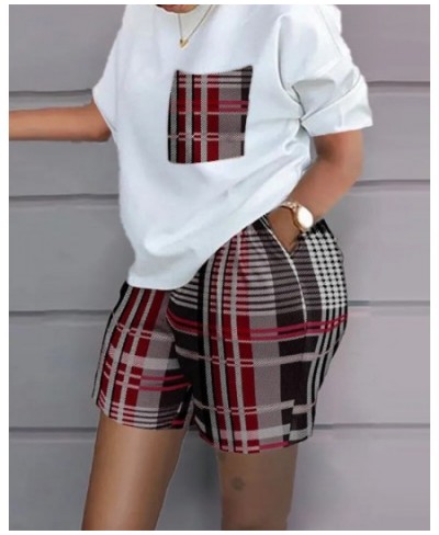 Summer Women Shorts Suit Sets Short Sleeve Round Neck Plaid Letter Print Split Hem Top and Summer Shorts Set Woman Clothing S...