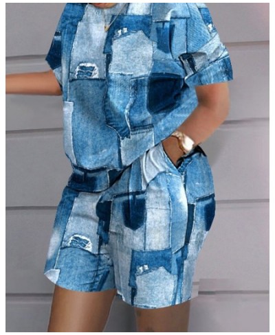 Summer Women Shorts Suit Sets Short Sleeve Round Neck Plaid Letter Print Split Hem Top and Summer Shorts Set Woman Clothing S...