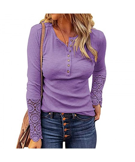 Women Long Sleeve Round Neck Solid Stitching Lace Loose T-shirt for Spring $33.32 - Tops & Tees