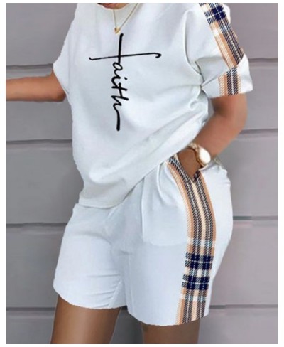 Summer Women Shorts Suit Sets Short Sleeve Round Neck Plaid Letter Print Split Hem Top and Summer Shorts Set Woman Clothing S...