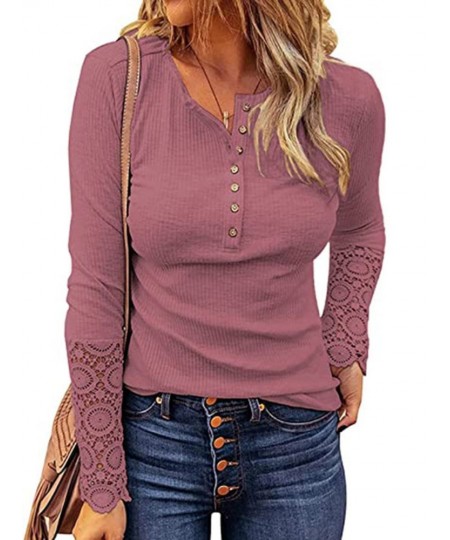 Women Long Sleeve Round Neck Solid Stitching Lace Loose T-shirt for Spring $33.32 - Tops & Tees