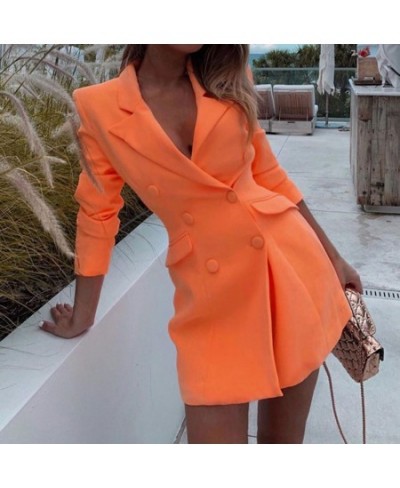 Autumn Orange Office Lady Blazer Lapel Long Sleeve Flap Pockets Double Breasted Mid-Length Formal Women Suit Coat Outerwear $...