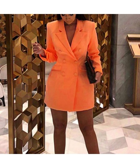 Autumn Orange Office Lady Blazer Lapel Long Sleeve Flap Pockets Double Breasted Mid-Length Formal Women Suit Coat Outerwear $...