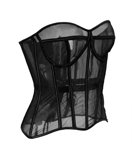 Women summer breathable mesh corset Sexy Mesh Bustier Corset Vintage Strapless Lace-Up Overbust Waist Trainer Cincher Bra $60...