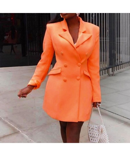 Autumn Orange Office Lady Blazer Lapel Long Sleeve Flap Pockets Double Breasted Mid-Length Formal Women Suit Coat Outerwear $...