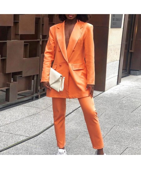 Autumn Orange Office Lady Blazer Lapel Long Sleeve Flap Pockets Double Breasted Mid-Length Formal Women Suit Coat Outerwear $...