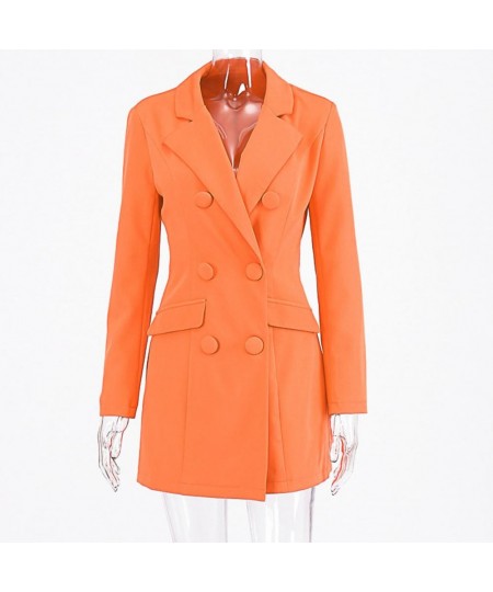 Autumn Orange Office Lady Blazer Lapel Long Sleeve Flap Pockets Double Breasted Mid-Length Formal Women Suit Coat Outerwear $...