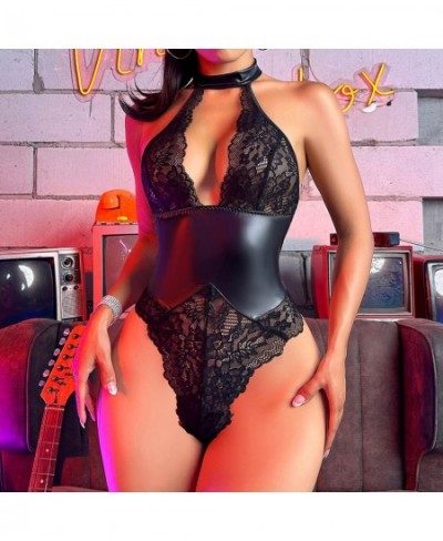 Funny Underwear PU Neck Hanging Metal Lace Backless Jumpsuit Same Day Lingerie for Women Yes Daddy Romper Sexy Lingerie Gown ...