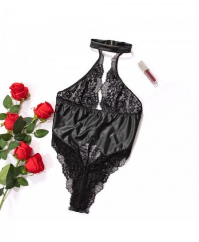 Funny Underwear PU Neck Hanging Metal Lace Backless Jumpsuit Same Day Lingerie for Women Yes Daddy Romper Sexy Lingerie Gown ...