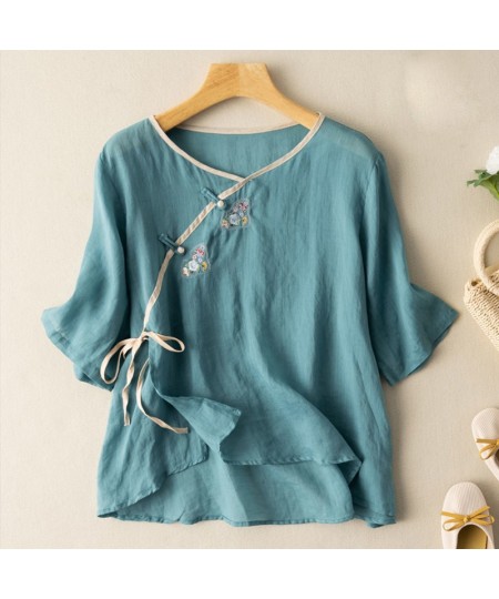 Ethnic Elegant Summer Blouses Woman Embroidery Blouse Vintage Clothing Cotton Linen Tees Shirt Ladies Top Casual 2023 $29.90 ...