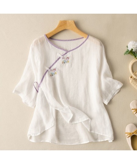 Ethnic Elegant Summer Blouses Woman Embroidery Blouse Vintage Clothing Cotton Linen Tees Shirt Ladies Top Casual 2023 $29.90 ...