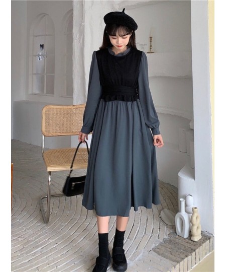 Vintage Long Sleeve Dress Women Elegant Fake Two Pieces Patchwork Puff Sleeve 2023 Spring Korean Fashion Female Robe $43.10 -...