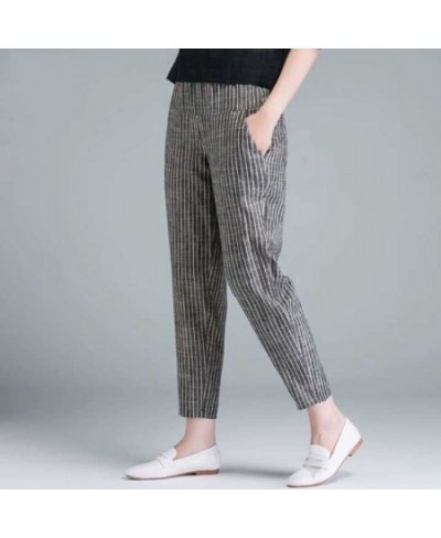 Summer Korea Fashion Elegant High Waist Thin Casual Harem Pants Women Pants Striped Cotton Linen Trousers $21.86 - Bottoms