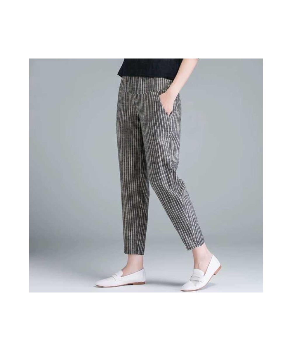 Summer Korea Fashion Elegant High Waist Thin Casual Harem Pants Women Pants Striped Cotton Linen Trousers $21.86 - Bottoms