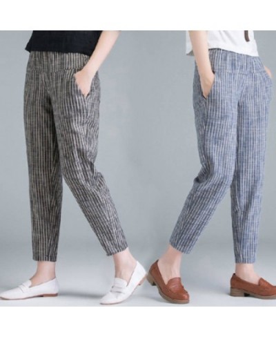 Summer Korea Fashion Elegant High Waist Thin Casual Harem Pants Women Pants Striped Cotton Linen Trousers $21.86 - Bottoms