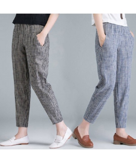 Summer Korea Fashion Elegant High Waist Thin Casual Harem Pants Women Pants Striped Cotton Linen Trousers $21.86 - Bottoms