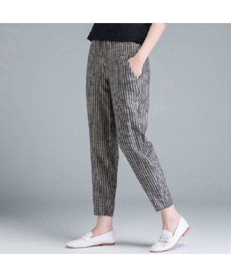 Summer Korea Fashion Elegant High Waist Thin Casual Harem Pants Women Pants Striped Cotton Linen Trousers $21.86 - Bottoms