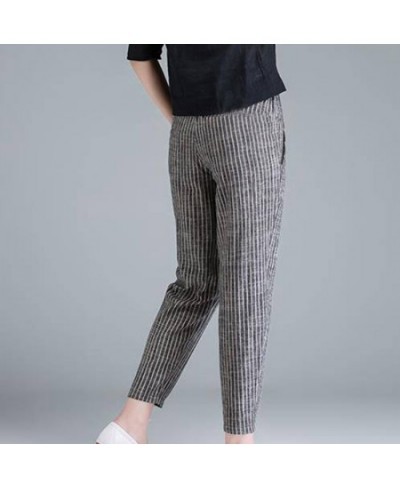 Summer Korea Fashion Elegant High Waist Thin Casual Harem Pants Women Pants Striped Cotton Linen Trousers $21.86 - Bottoms