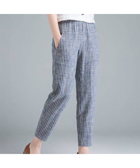 Summer Korea Fashion Elegant High Waist Thin Casual Harem Pants Women Pants Striped Cotton Linen Trousers $21.86 - Bottoms