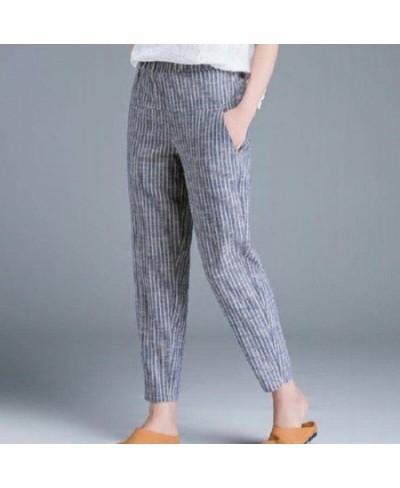 Summer Korea Fashion Elegant High Waist Thin Casual Harem Pants Women Pants Striped Cotton Linen Trousers $21.86 - Bottoms