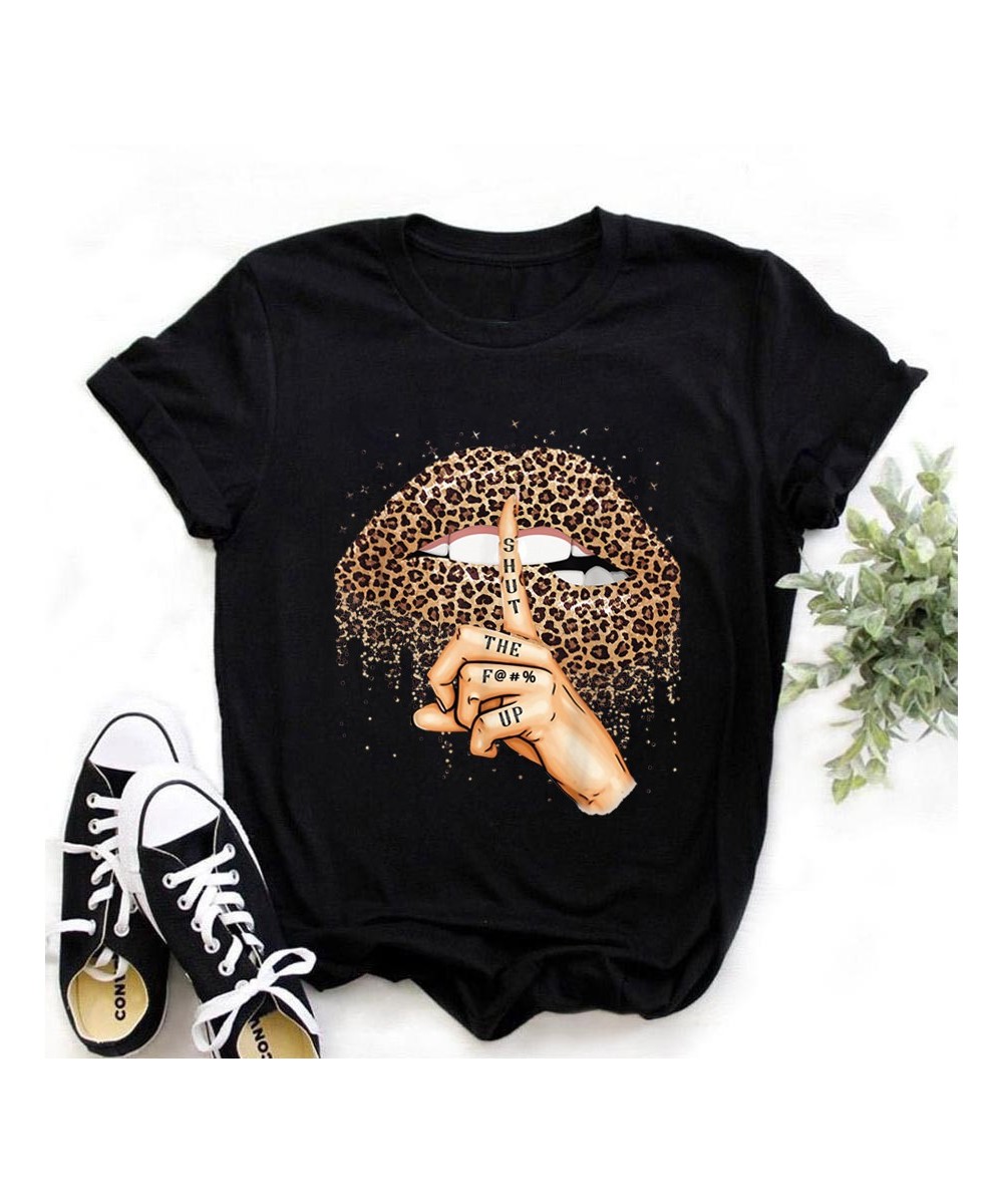 Summer Fashion Shirt Lips Leopard Graphic T Shirt Women Tops Base O-neckBlack Tees Kiss Leopard Lip Funny Girls Tshirt $21.95...