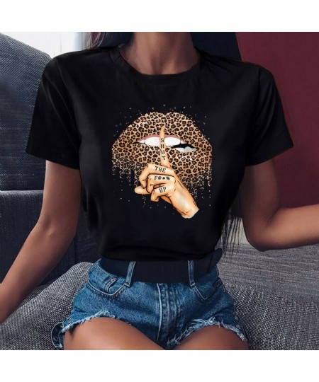 Summer Fashion Shirt Lips Leopard Graphic T Shirt Women Tops Base O-neckBlack Tees Kiss Leopard Lip Funny Girls Tshirt $21.95...