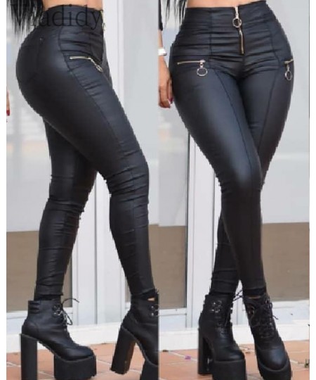 Women Zipper Designed PU Leather Pants Casual Solid Skinny Trousers Office Lady Outfits $41.29 - Pants & Capris