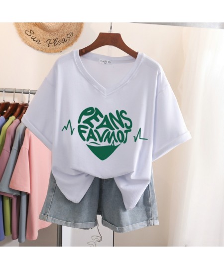 100% Cotton L-5XL Plus Size T Shirt Love Print V Neck Tshirt Short Sleeve Women Top Basic Summer Couple Solid T Shirts $34.19...